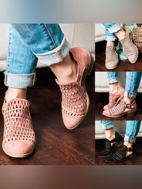 Qupid Ankle Bootie with Heel, Toe Faux Leather Stacked Heel Side Suede Booties